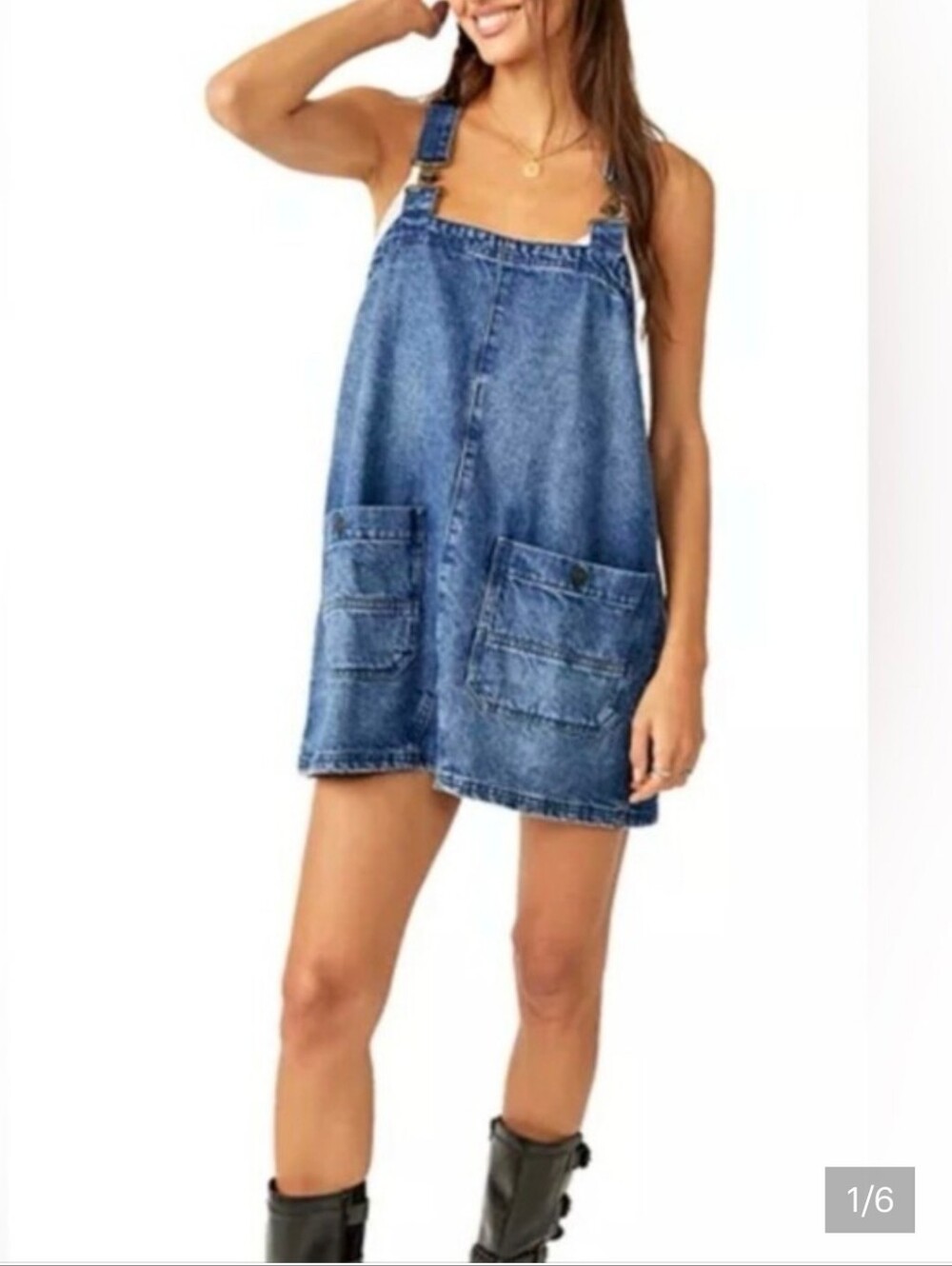 Free People We The Free Denim Overall Smock Mini Dress Size Large
